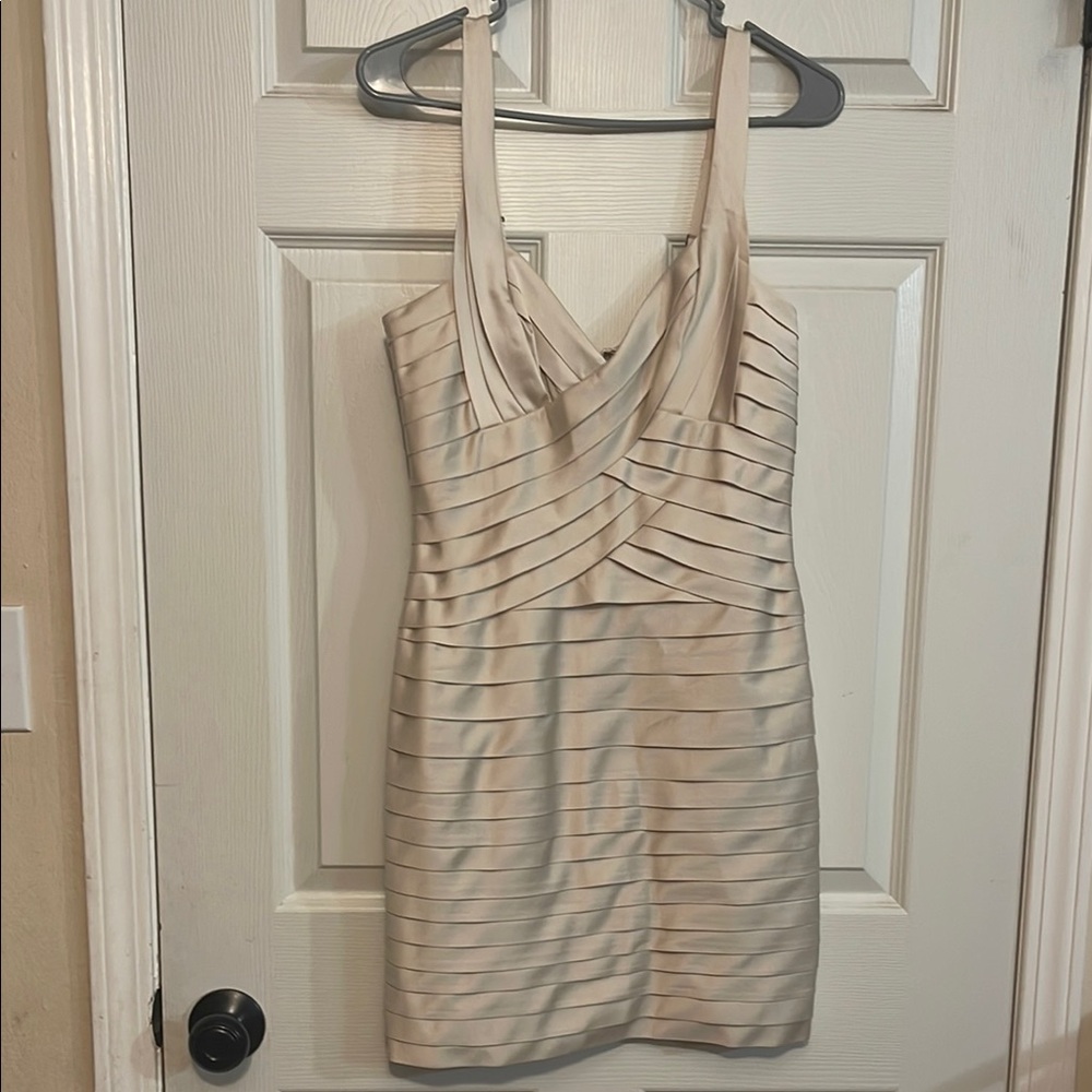 BCBGMaxAzria Satin Cream Bandage Mini Dress